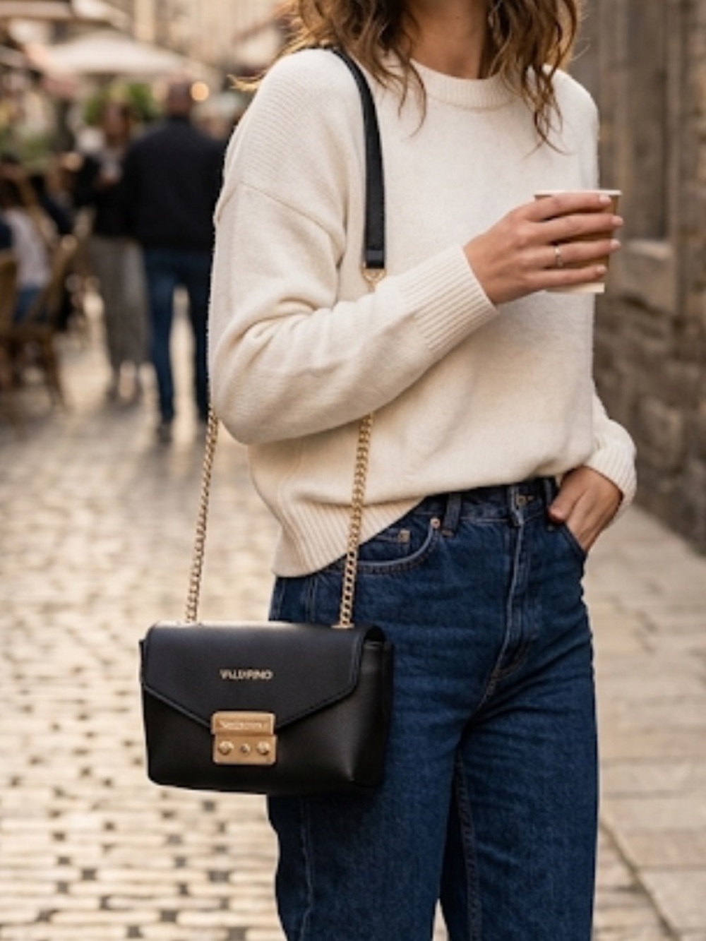 Valentino Black Leather Mini Crossbody with Gold-Tone Lock